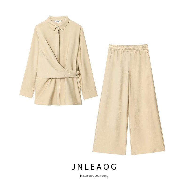 Jnleaog Autumn New Women Clothes Gold Button Decoration Double Placket Shirts 7484053 Wide Leg Pants 7484251
