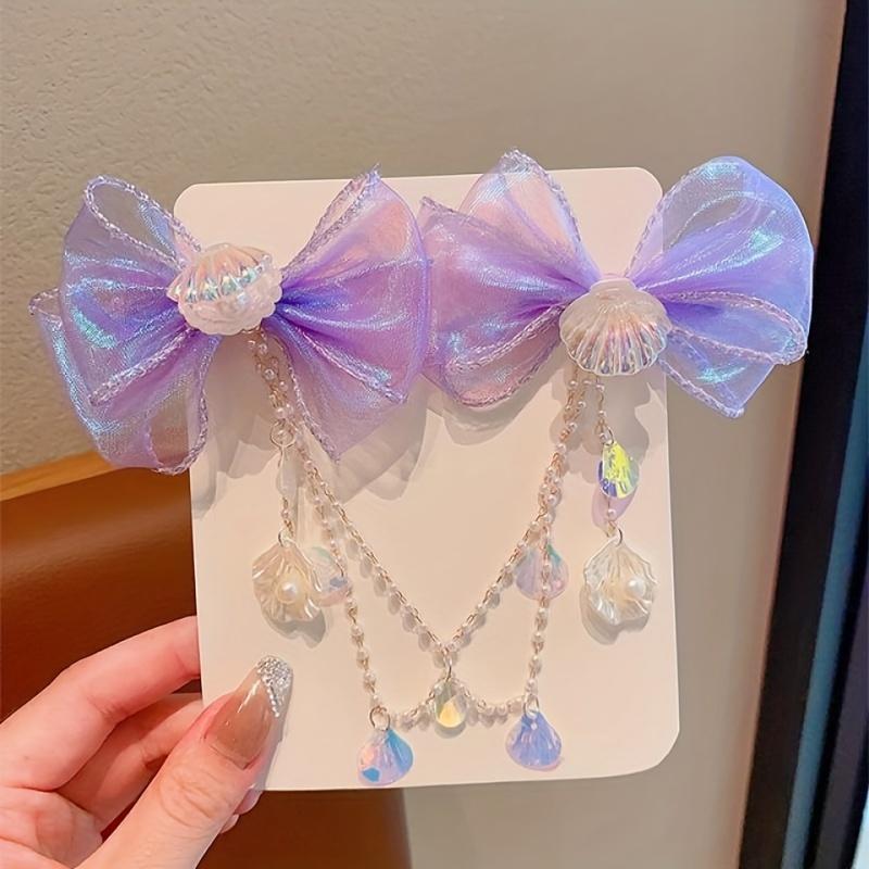 Children Baby Mermaid Princess Pearl Butterfly Fringe Bow Forehead Chain Hairpin Fairy Hair Accessories Cartoon Girls Hair Clip