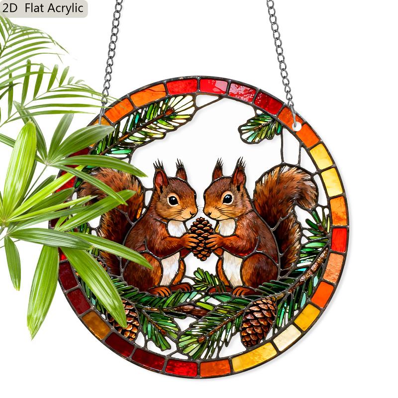 

Acrylic Pair of Squirrels with Pinecone Suncatcher Stained Glass Effect Window Hanging Ornament Autumn Forest Themed Gift for Home 20cm/7.87inch