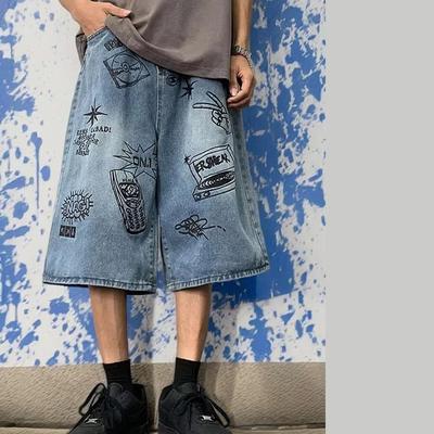 Džínové kraťasy letní retro graffiti zkrácené džíny pánské pouliční trendy s vysokým pasem a širokými nohavicemi pro muže i ženy