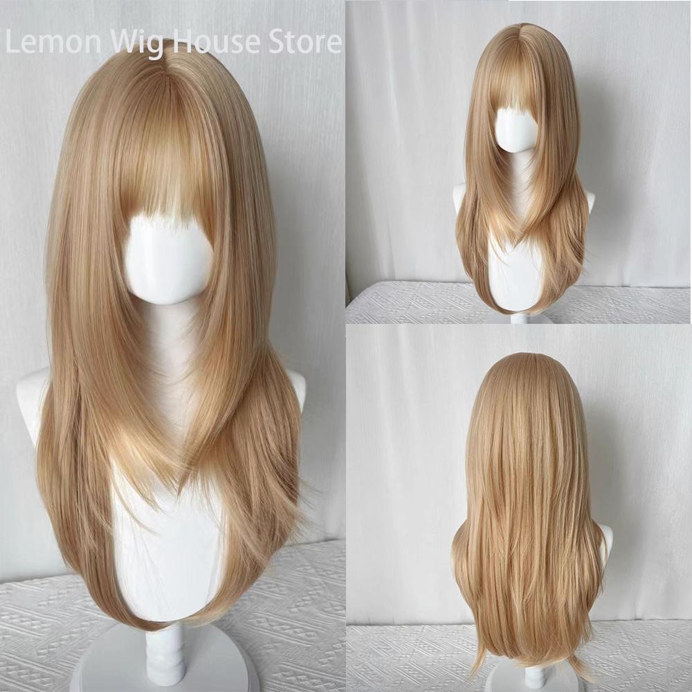Flax Gold Synthetic Wig with Bangs Long Straight Hair High-Layered Lolita Wigs for Women's Daily Cosplay Wig Heat Resistant