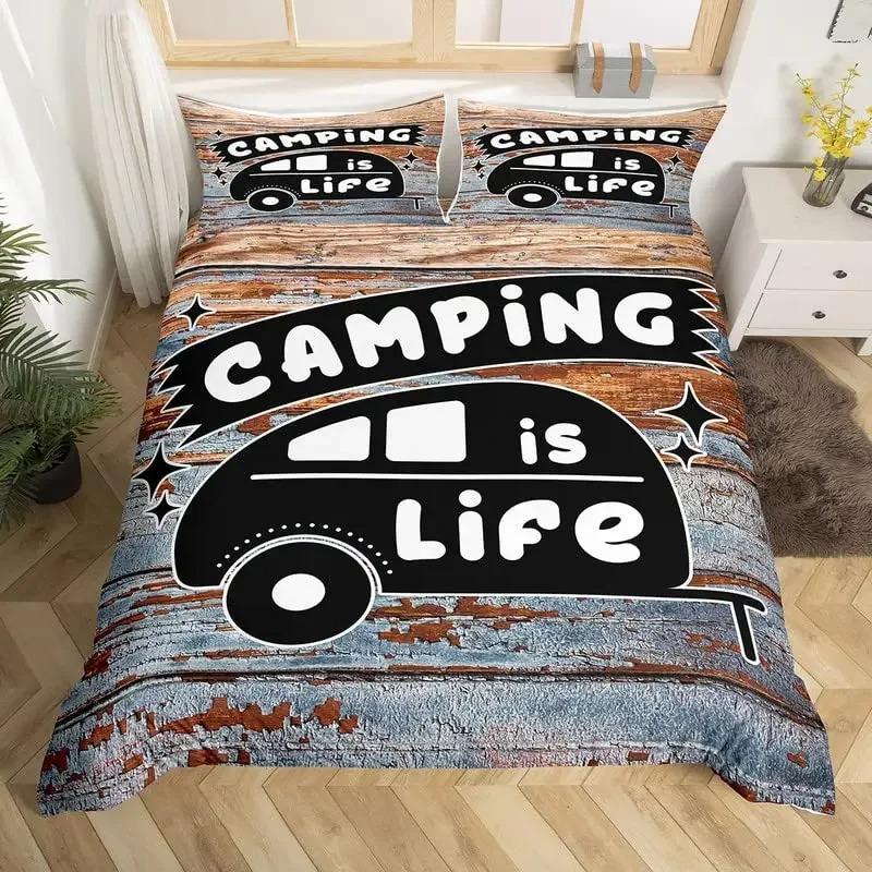 Happy Camping Bedding Set Camper Car Duvet Cover King Queen Microfiber Smoky Mountain Wood Print Quilt Cover Set For Girls Boys