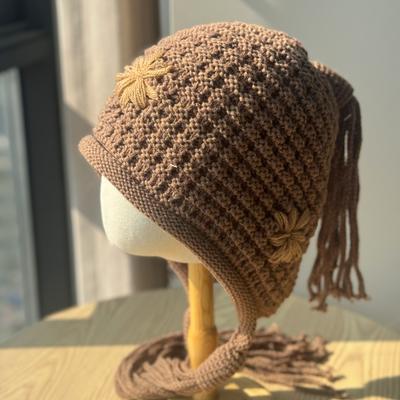 New Handmade Hat for Women, Autumn and Winter Warm and Cold-proof Knitted Hat with Large Head Circumference, Tassels and Braided Design