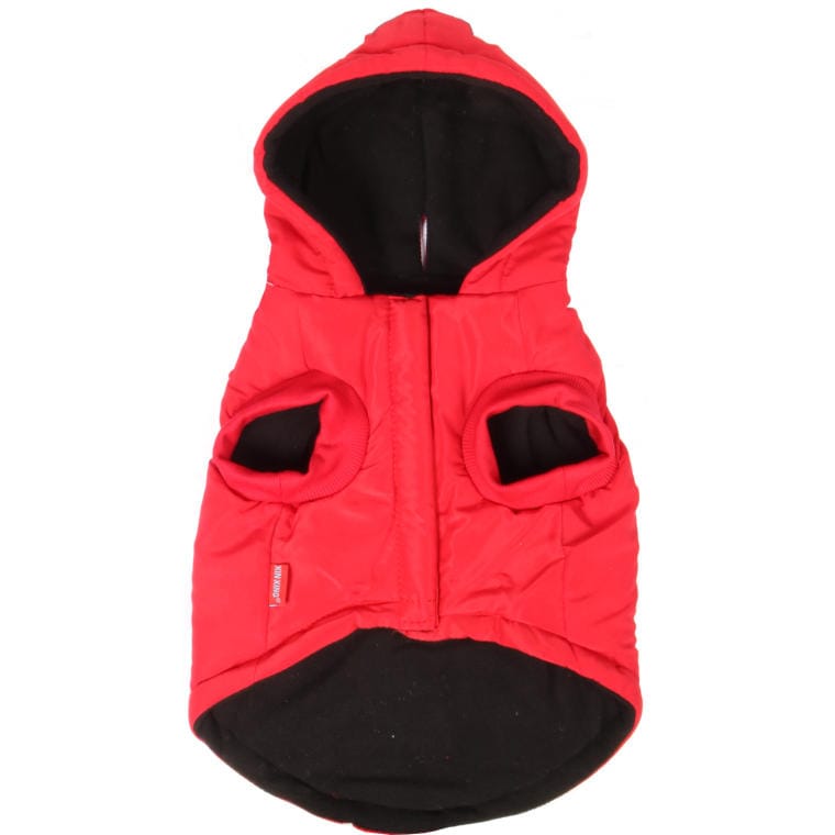 Waterproof winter jacket for medium dogs with hood, red and black, size M