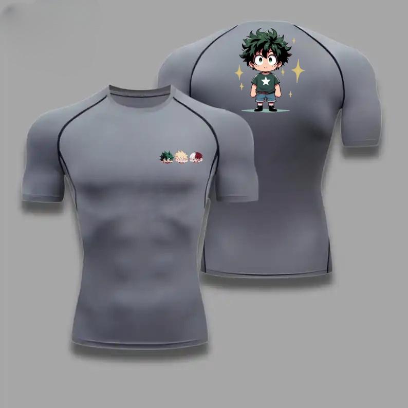 Men Summer Athletic Compression TShirt Breathable QuickDry High-Elasticity Short Sleeve Tee with Bold Izuku Midoriya Graphic Gym