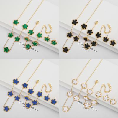 Klassiek Roestvrij Staal Vijfbladige Bloem Sieraden Ketting Set Armband Oorbellen Eenvoudig voor Vrouw Meisje Feest Dagelijkse Slijtage Sieraden