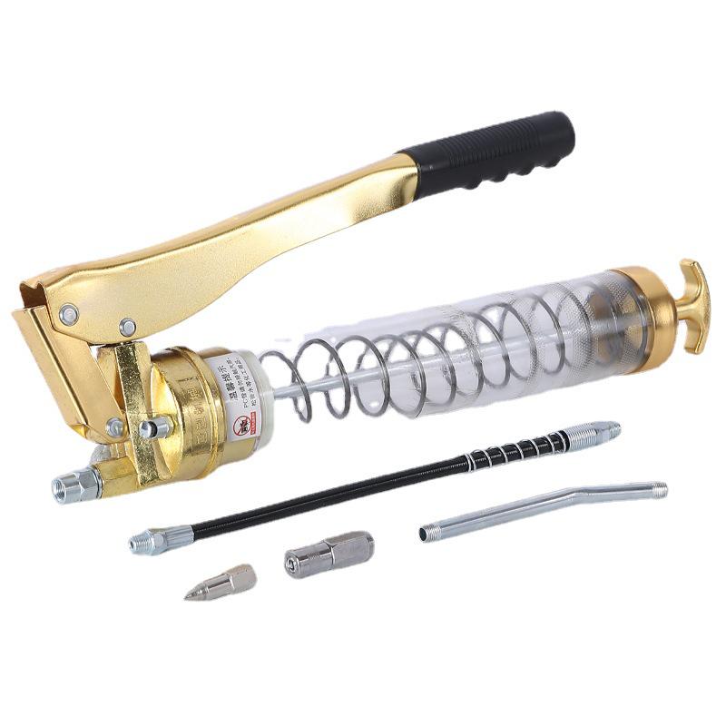 Quanker Heavy-Duty 600CC Transparent Grease Gun for Excavators, Manual High-Pressure Dual Rod Design.