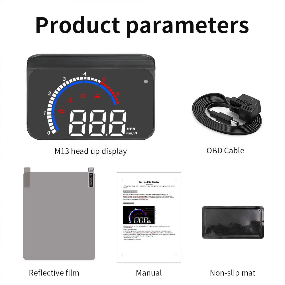 M13 Car HUD OBD2 Head Up Display Windshield Projector KMH,MPH Speed Alarm RPM Water Temperature Voltage Fuel Consumption