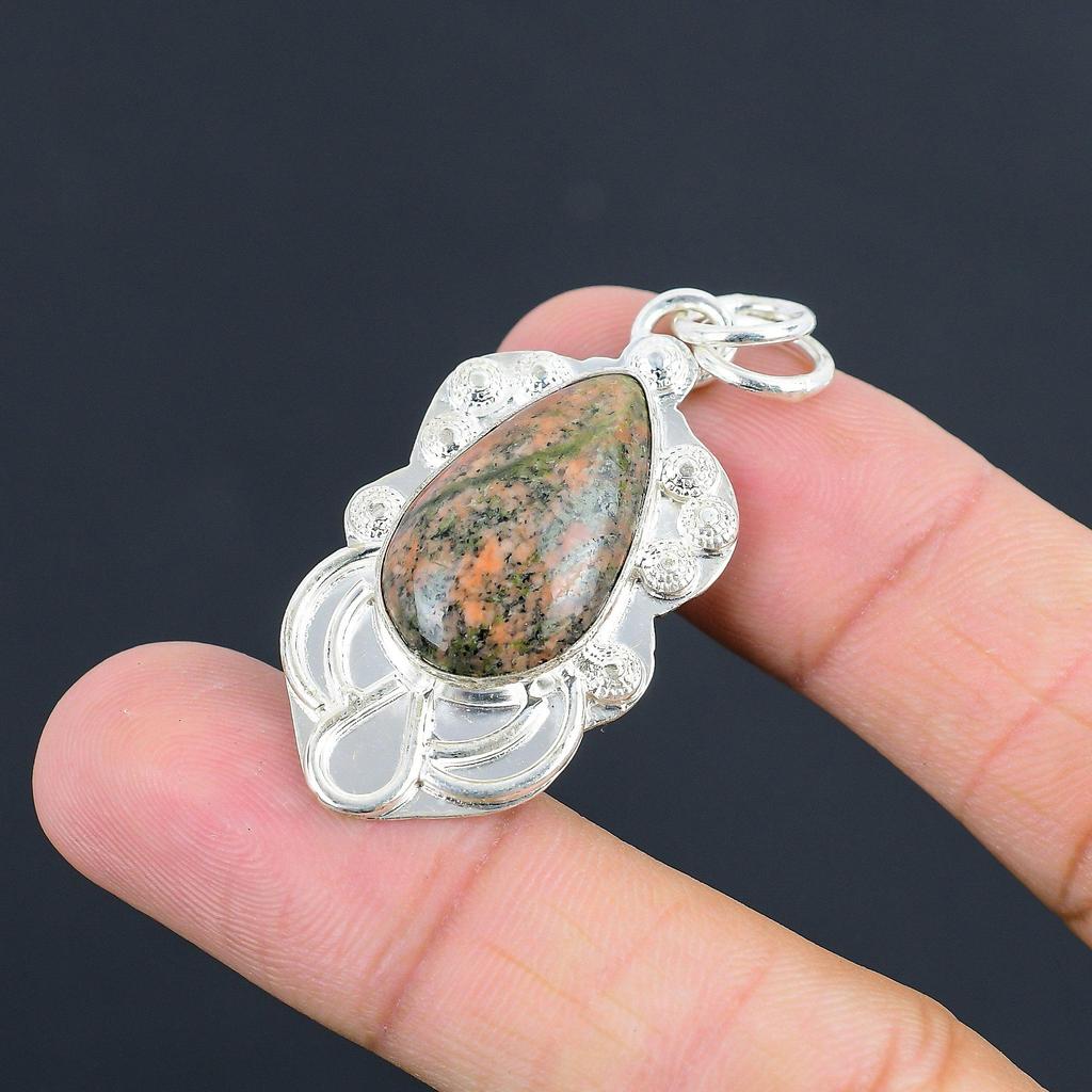 Daughters Day Deal 925 Silver Natural Unakite Heart Chakra Engagement Pendant