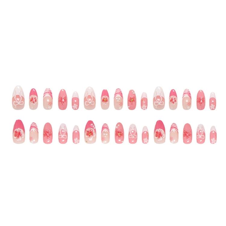 30Pcs Fashionable Press On Nail Showcasing 3D Ice Flowers And Pearls Bows For Instants Glamours