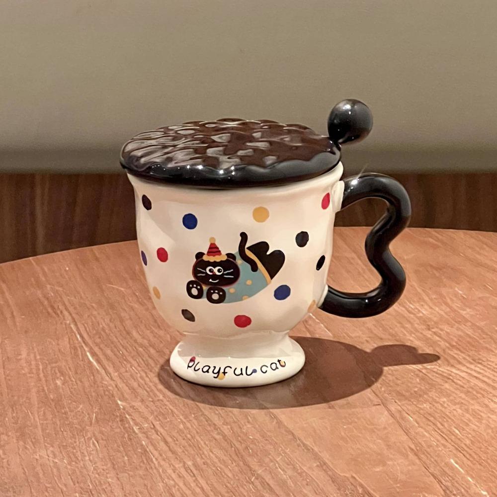 High-value Milk Cute Polka Dot Kitten Mug with Lid Girls Ceramic Cup Birthday Gift Souvenir