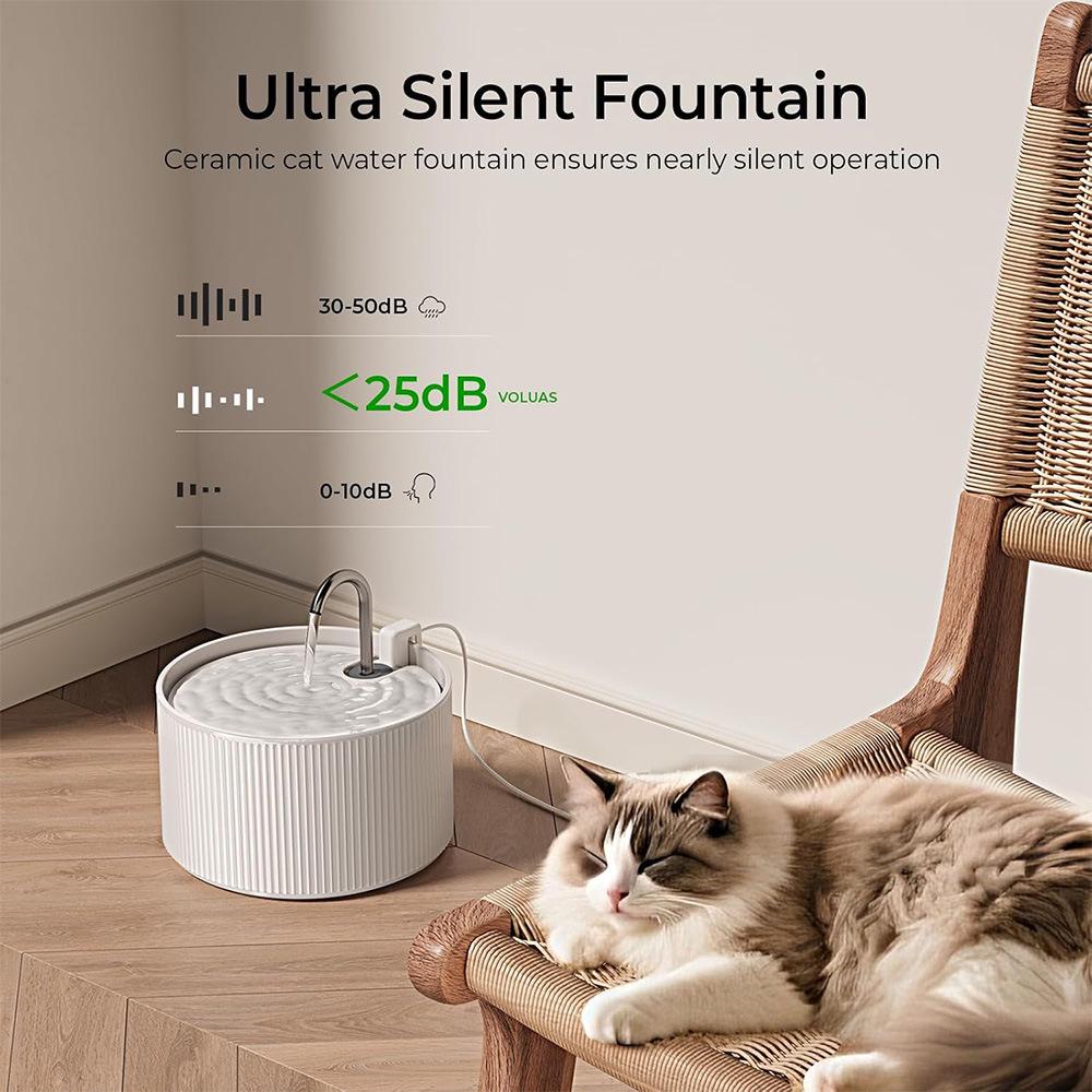 Ceramic Cat Water Fountain, 2.2L Automatic Dispenser with Filter & Silent Sensor Feeder