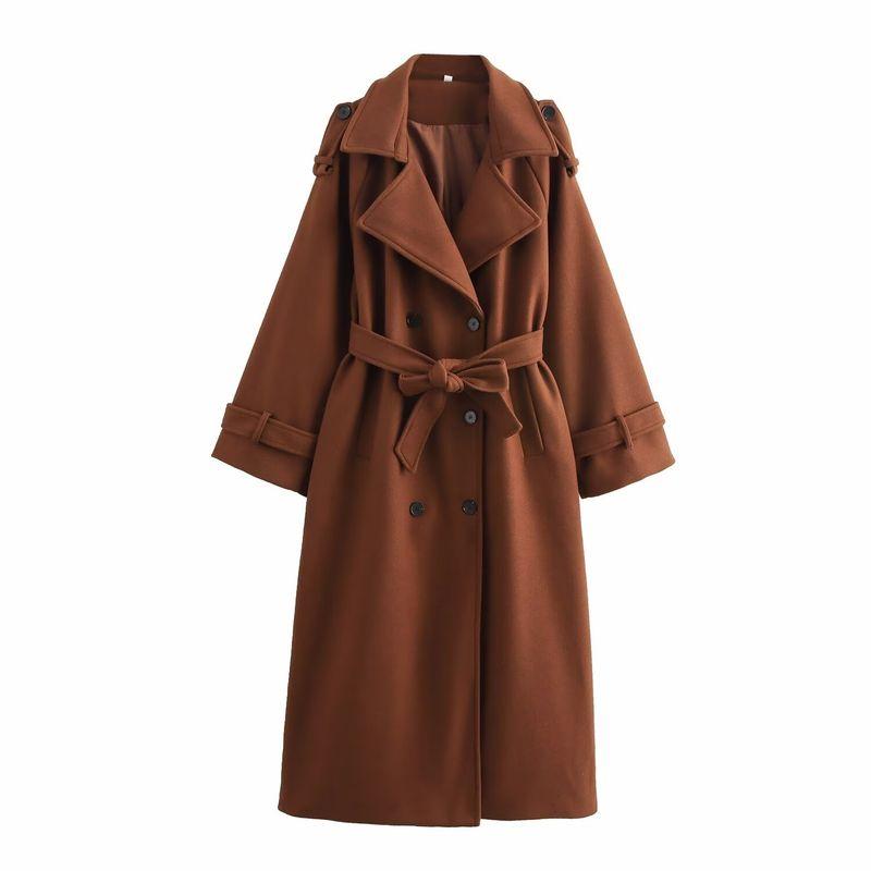 

Kaslead New Arrival Women s Clothing Fashion Style Fashion Minimalist Loose with Belt Double Breasted Long Overcoat Outerwear Light brown L