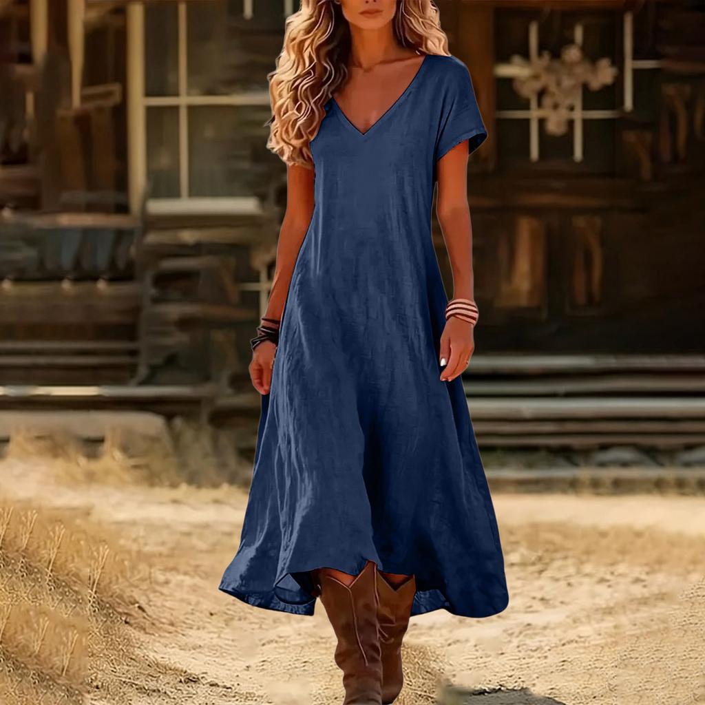 Fashion Women's Color V-neck Long Dress Loose