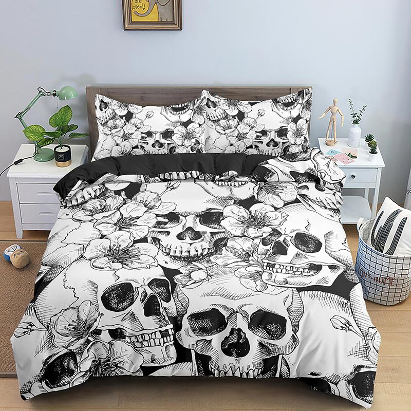 Skjelett Skull Sengesett 2 /3stk Queen /King Size Dynetrekk Sett Sengetøy Putetrekk Dynesett Hjemmetekstil