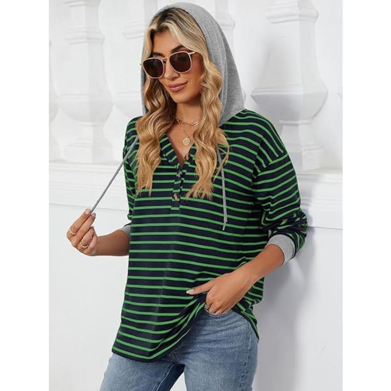 YYFS Women's Fashion Casual Stripe Print Long Sleeve Hooded Hoodies & Sweatshirts