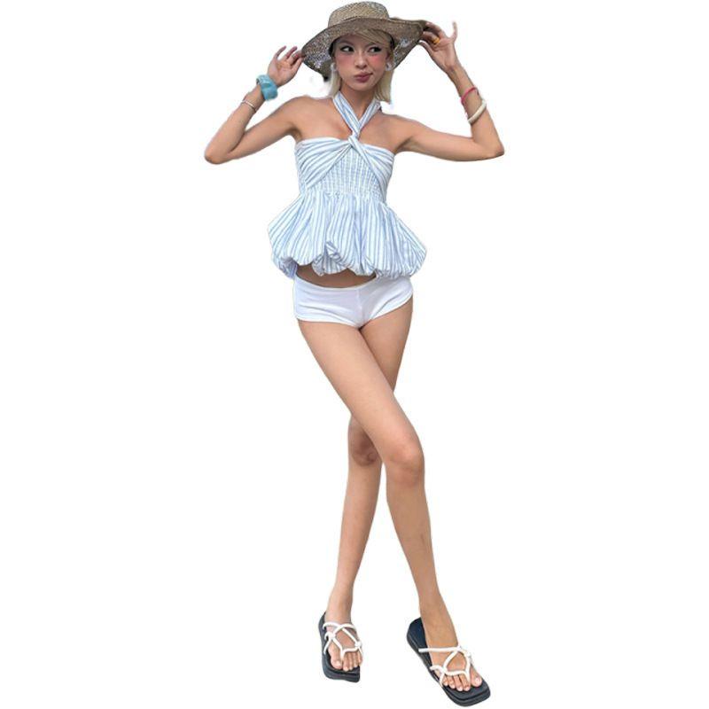 Suit European and American Summer Cross-Border New Elegant Temperament Hanging Neck Sleeveless Stripe Top Solid High Waist Shorts Women Clothes