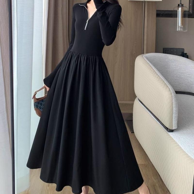 Soft Style Waist-Cinching Slimming Long Sleeve Dress Women's Autumn Winter Elegant Zipper Underskirt French High-End Flared Skirt