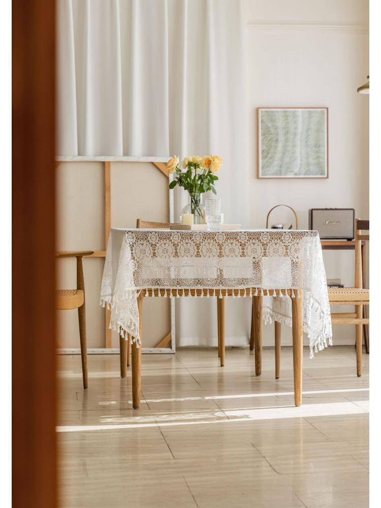 Vintage Heklet Duskelduk, Pastoral Stil Hullet Blonder, Firkantet Polyester Bordduk med Firkløver, Dekor til Bryllup