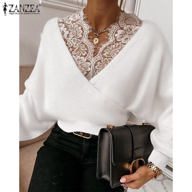 

ZANZEA Весна Осень Женщины V Шея Пэчворк Кружева Топы