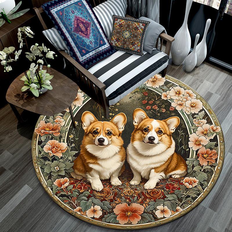 Corgis Round Area Rug,Carpet Rug for Living Room Bedroom Sofa Playroom Decor,Non-slip Floor Mat