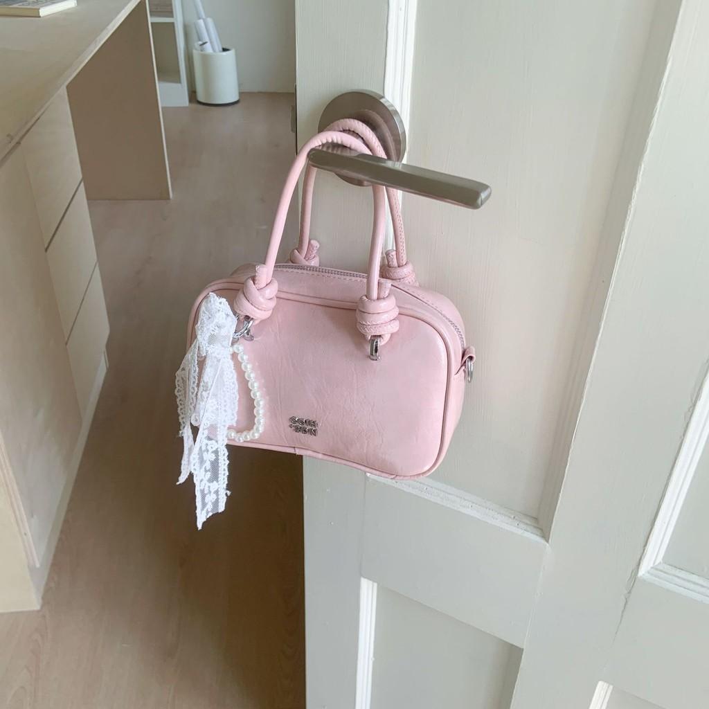 Minimalist Pu Small Square Bag With Lace Bow And Artificial Pearl Decorfor Daily Casual And Work Use