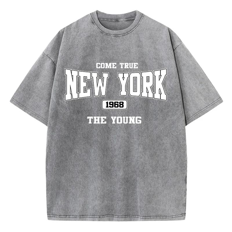 New York Cotton Washed T Shirts Womens Come True The Young Prints T-Shirt Distressed Oversize O-Neck Tops Clothes