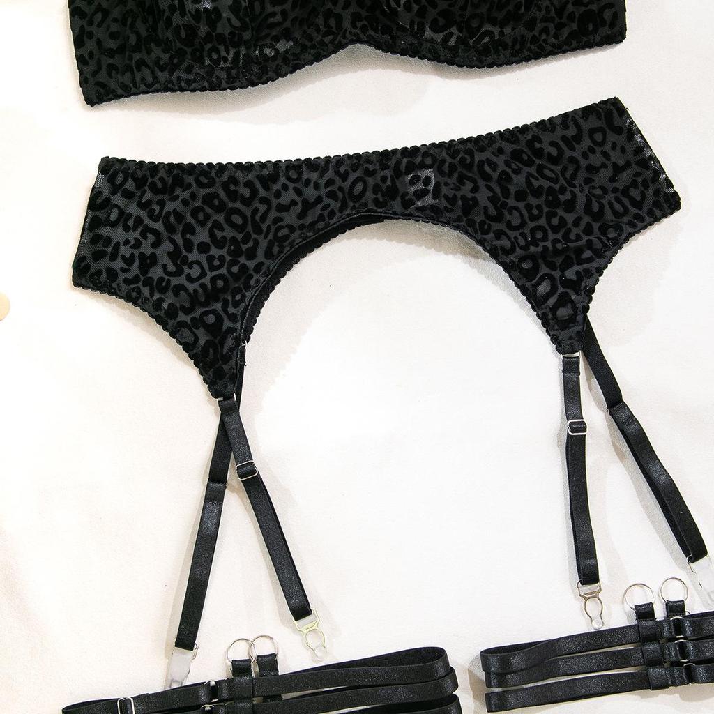 Elegant Black Leopard Print Flocked Transparent Women's Underwire Push-up Lingerie Set with Leg Garter