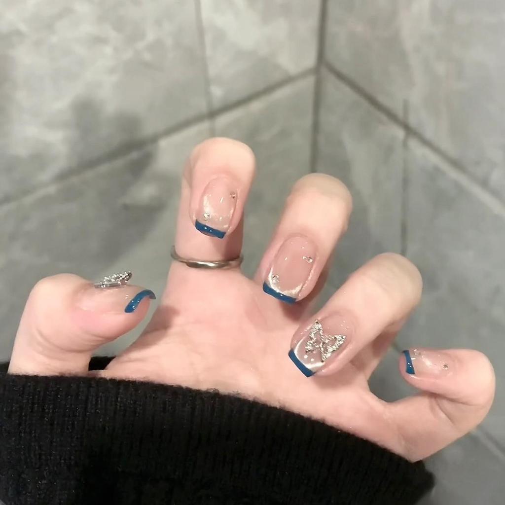 Xiaohongshu Handmade Butterfly-Design Cat Eye French Tip Press-On Nails, Lake Blue Short Style.