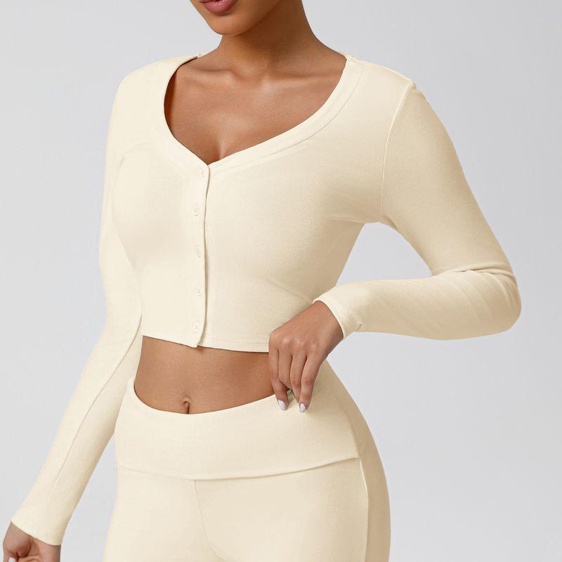 

Export Fashion New Arrival Thread V Neck Sports Fitness Cardigan Spring and Autumn Slim Fit Slim Looking Midriff-Baring Long Sleeve Yoga Jacket Rice White L (Recommendation 57.50 kg-62.50 kg