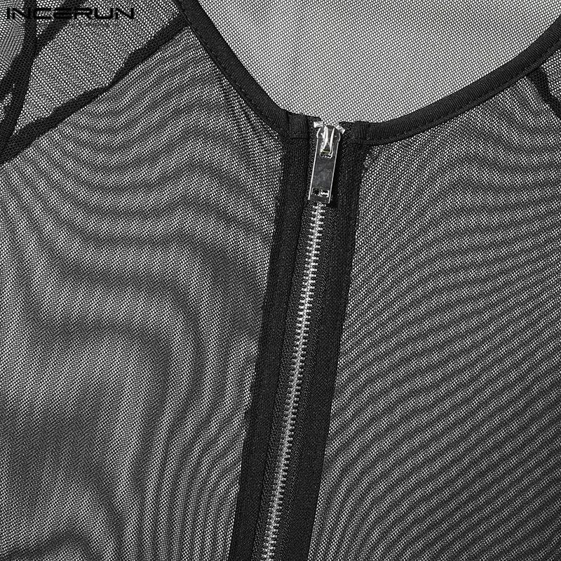 INCERUN Men Mesh Zip-up Long Sleeve Patchwork See Through Short Romper Jumpsuits  Bodysuits