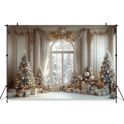 Mocsicka Weihnachten Hintergrund Fotografie Weihnachtsbaum Winter Schnee Haus Fenster Geschenke Dekoration Baby Shooting Kulisse Fotostudio