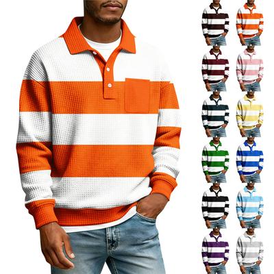 Men's Striped Single Breasted Long Sleeved Shirt With Collar And Pockets  Casual Sports T,shirt