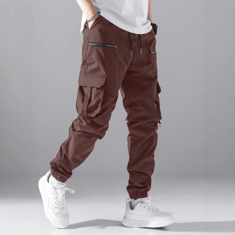Men's Jogger Cargo Pants Multi Zipper Pockets Drawstring Elastic Waist Streetwear Tactical Ankle Cuffed Trousers