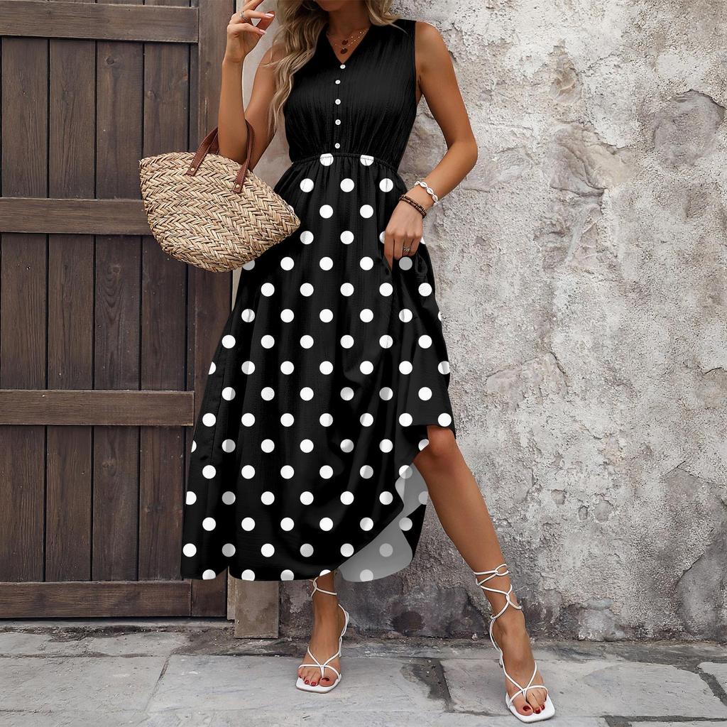 Dámské ležérní a módní šaty střední délky bez rukávů s potiskem a výstřihem do V