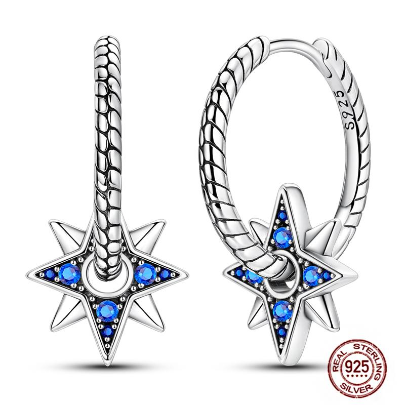 Sparkling Women Hoop Earrings 925 copper Heart Shape Star Moon Round Blue Zircon Fit Origina Drop Earrings Zircon Holiday gifts