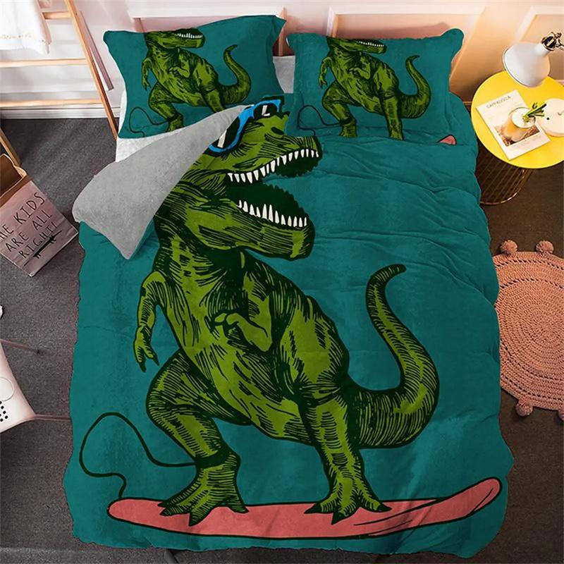 Cartoon Dinosaur Duvet Cover Dinosaur Theme Bedding Green Dinosaur Hello Bro Pattern Bedroom Decoration for Children Women Men