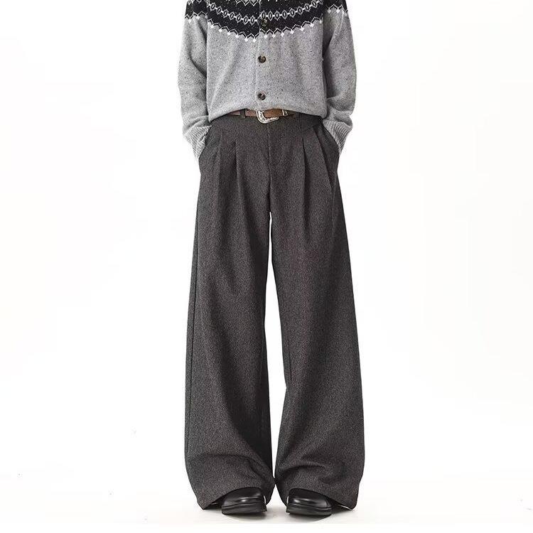 Old Money Style Retro A-word Pleated Straight Trousers Men's Spring American Cleanfit Drape Casual Wide-leg Trousers