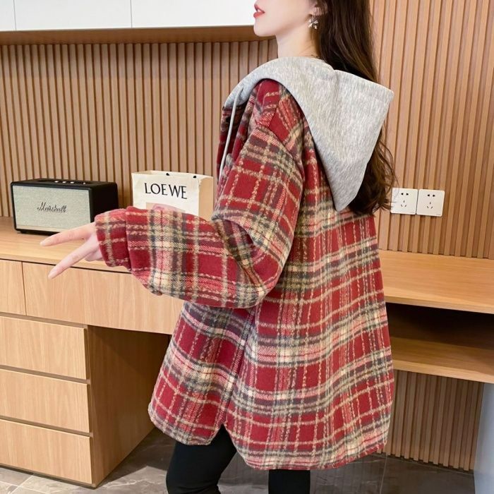 Retro Plaid Style Women's Coat with Hood Casual Mid-length Women's Top Thin Women's Spring Coat