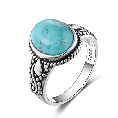Fashion Oval Natural Turquoise Rings for Women Silver Plated Trendy Jewelry