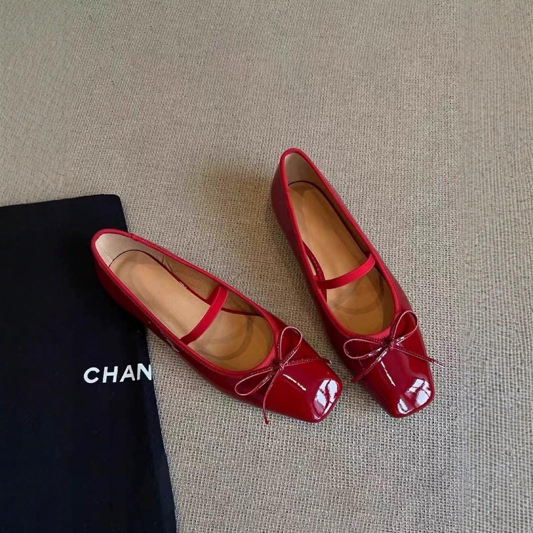 

Sheepskin version~ Red Mary Jane shoes women s head patent leather word with ballet bow flat-soled retro single shoes 40 красный