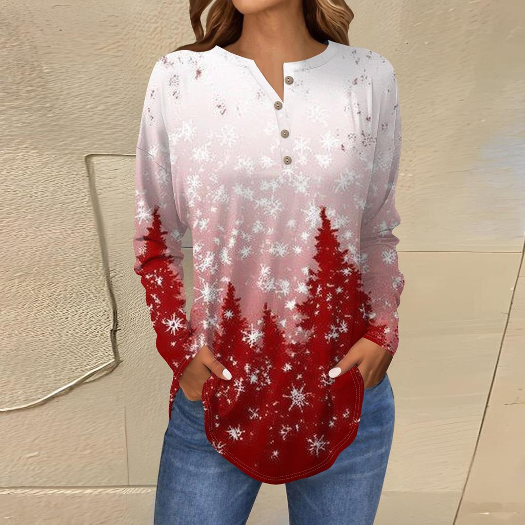 Women's Fashionable Loose-Fit Button-Down Collar Christmas Print Long-Sleeved Top
