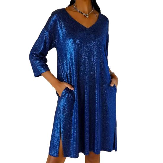 Women's Sequin Mini Dress Glitter 3/4 Sleeve V-Neck Dress Sparkly Cocktail Party Club Split Dress with Pockets