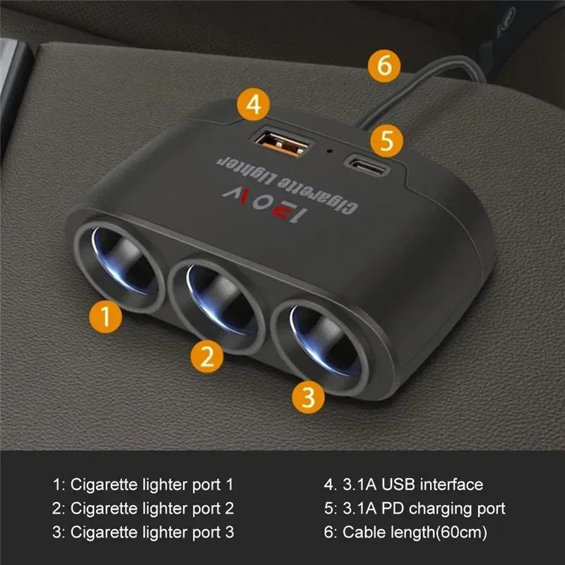Dual USB 3 in 1 Socket 120W Car Cigarette Lighter Splitter 12V 24V Fast Charger Plug Phone Power Adapter for Car DVR GPS Dashcam
