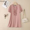 ZANZEA Women Casual Ruffles Splice Round Neck Summer Short Sleeve Dress