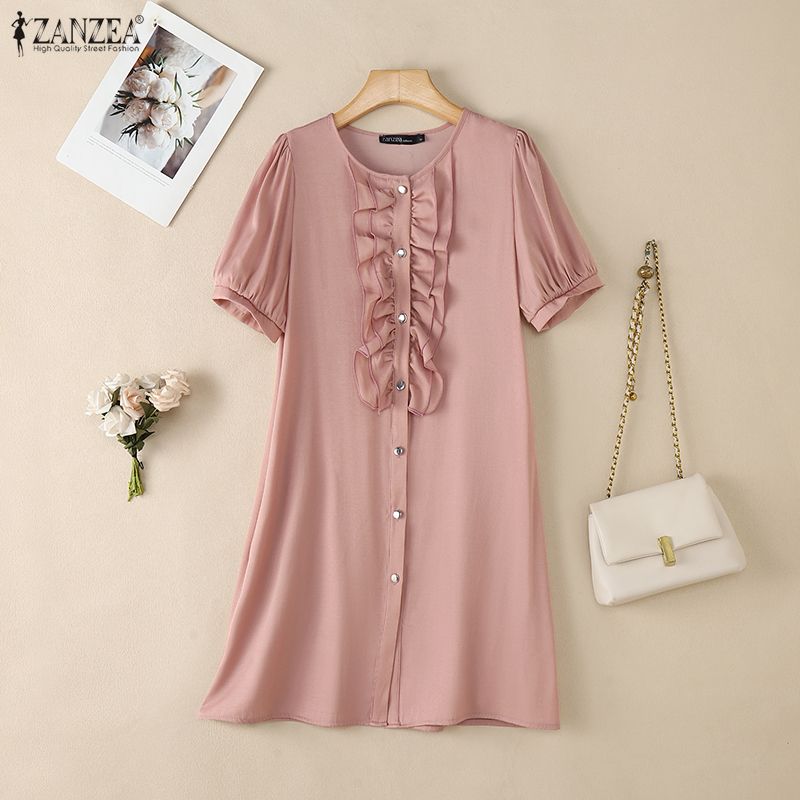 ZANZEA Women Casual Ruffles Splice Round Neck Summer Short Sleeve Dress