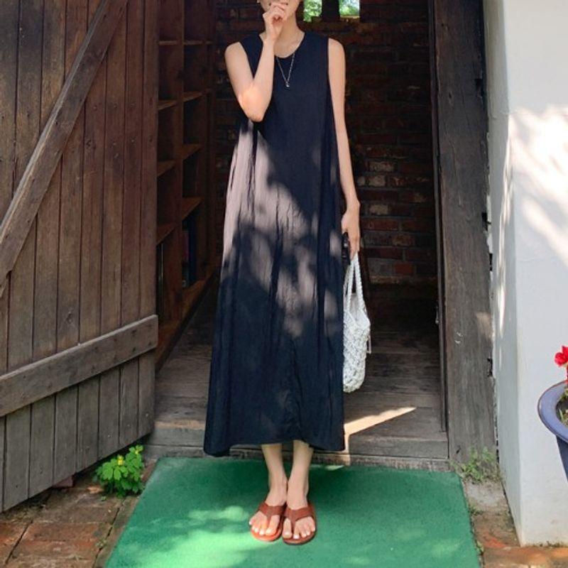 

South korea Dongdaemun Summer Black Plus size Chubby Girl Backless U-Shaped Lace-up Pocket Mid-Length Sleeveless Vest Dress L-4XL Black 3XL