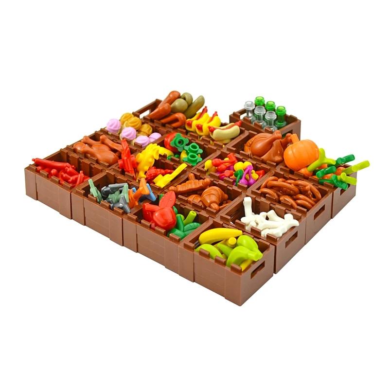 Food Brick Playset City Series Friend Accessory Parts Bread Chips Roast Chicken Pizza Hot Dog Fish Fruit Carrot Basket Classic DIY Block Bricks