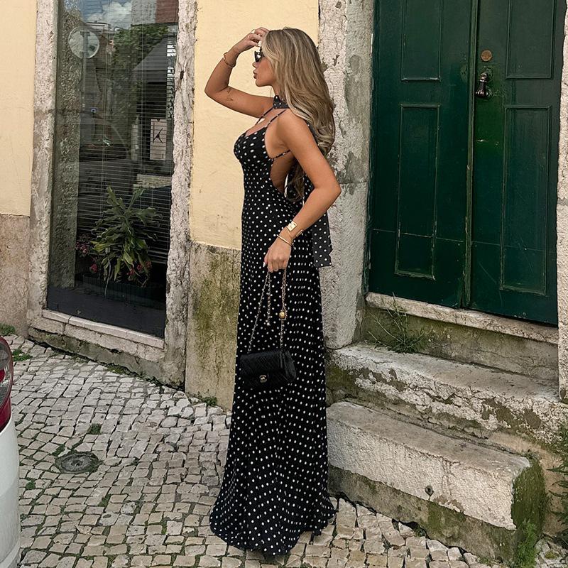 2026 European Summer Women's Polka Dot V-Neck Spaghetti Strap Backless Dress