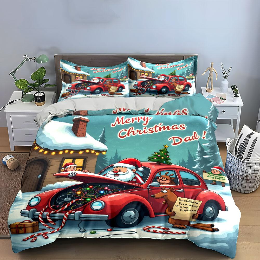 Christmas Car Repair Illustration Bedding Duvet Cover Set  (1*Duvet Cover 2*Pillowcases, Without Duvet Insert)
